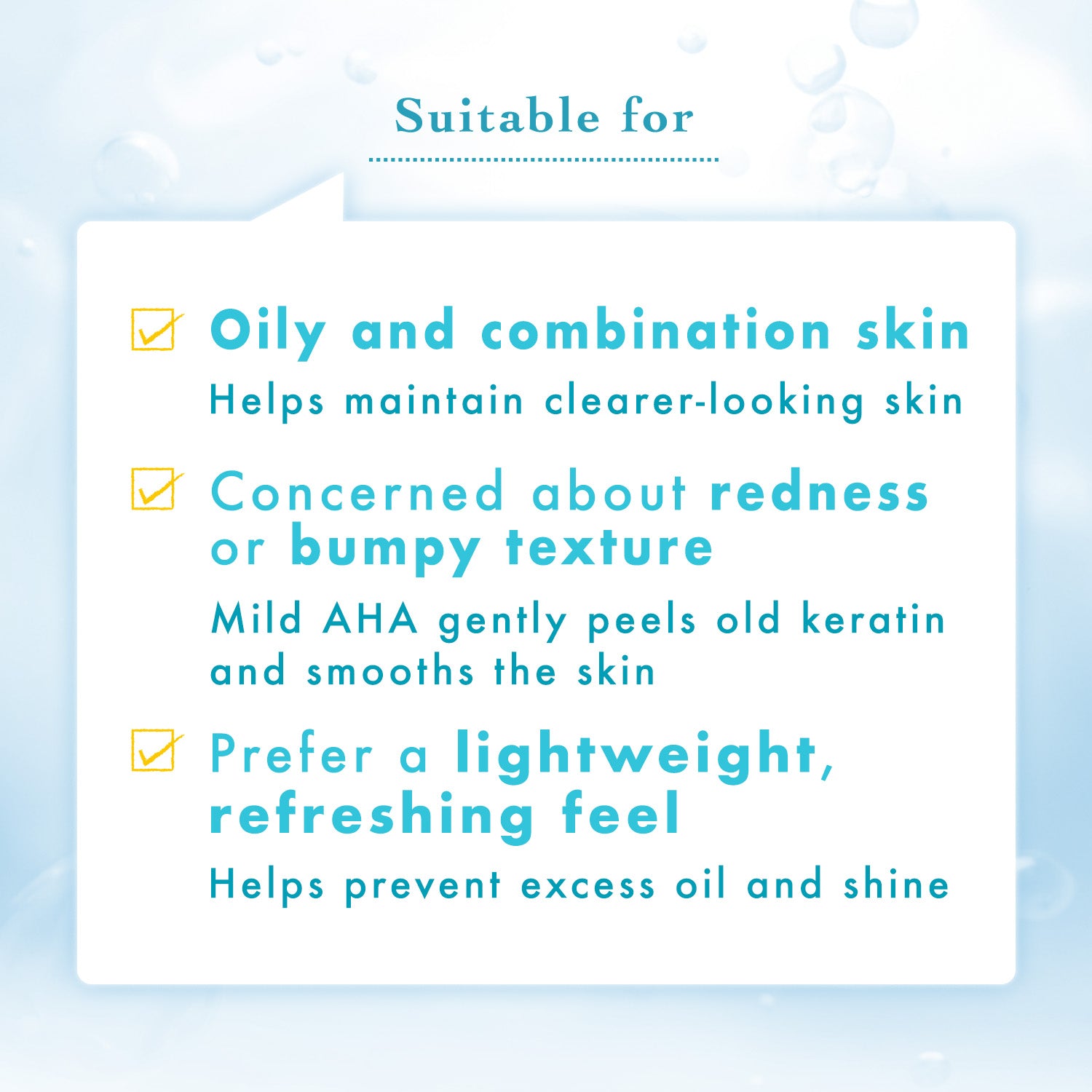 suitable for oily to combination skin, redness, and those who prefer lightweight refreshing feel