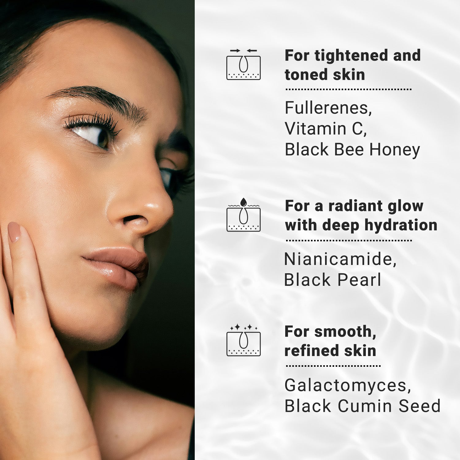 Woman's face with skincare benefits listed on the right