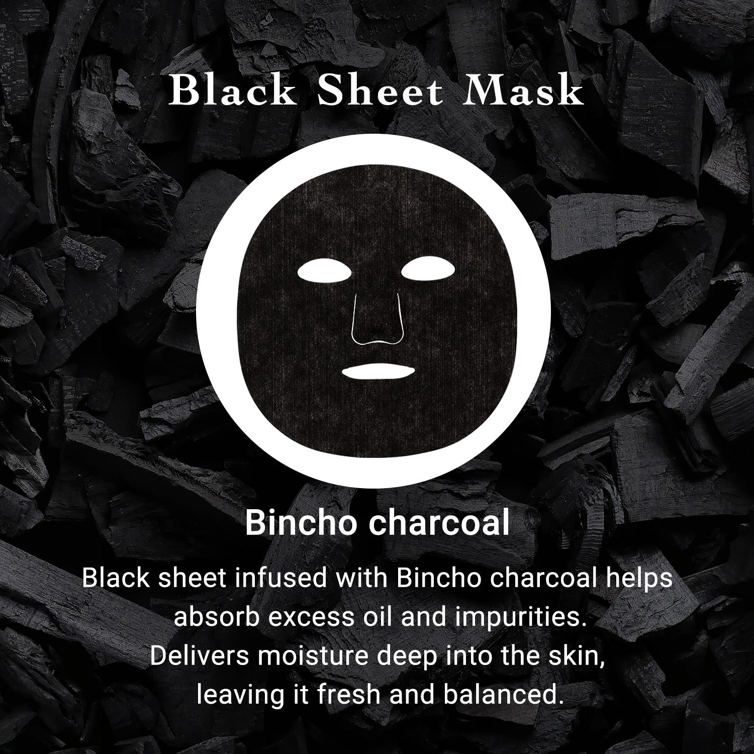 Black sheet mask with Bincho charcoal on a dark background