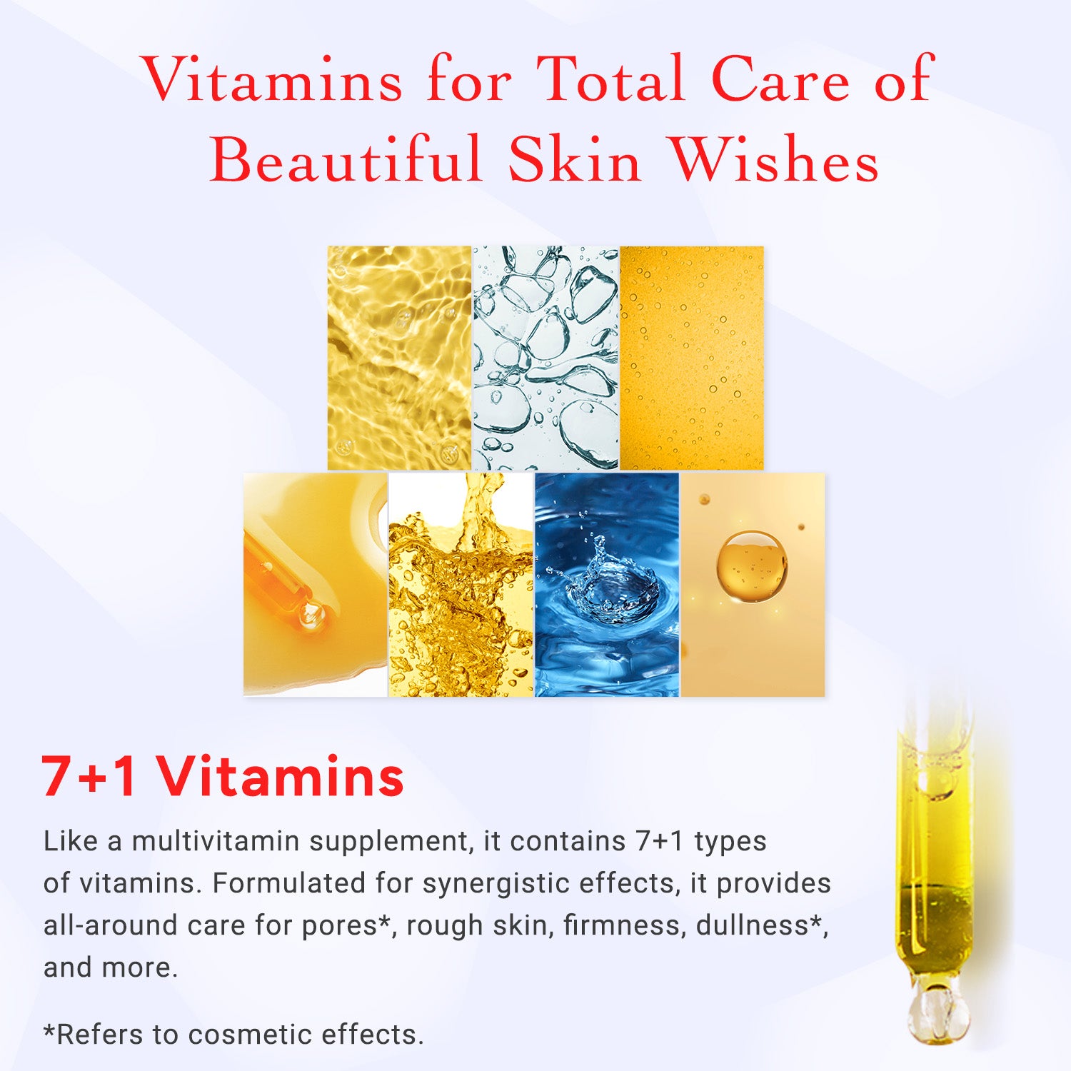 Advertisement for vitamins for skin care with text and images of droplets and water.