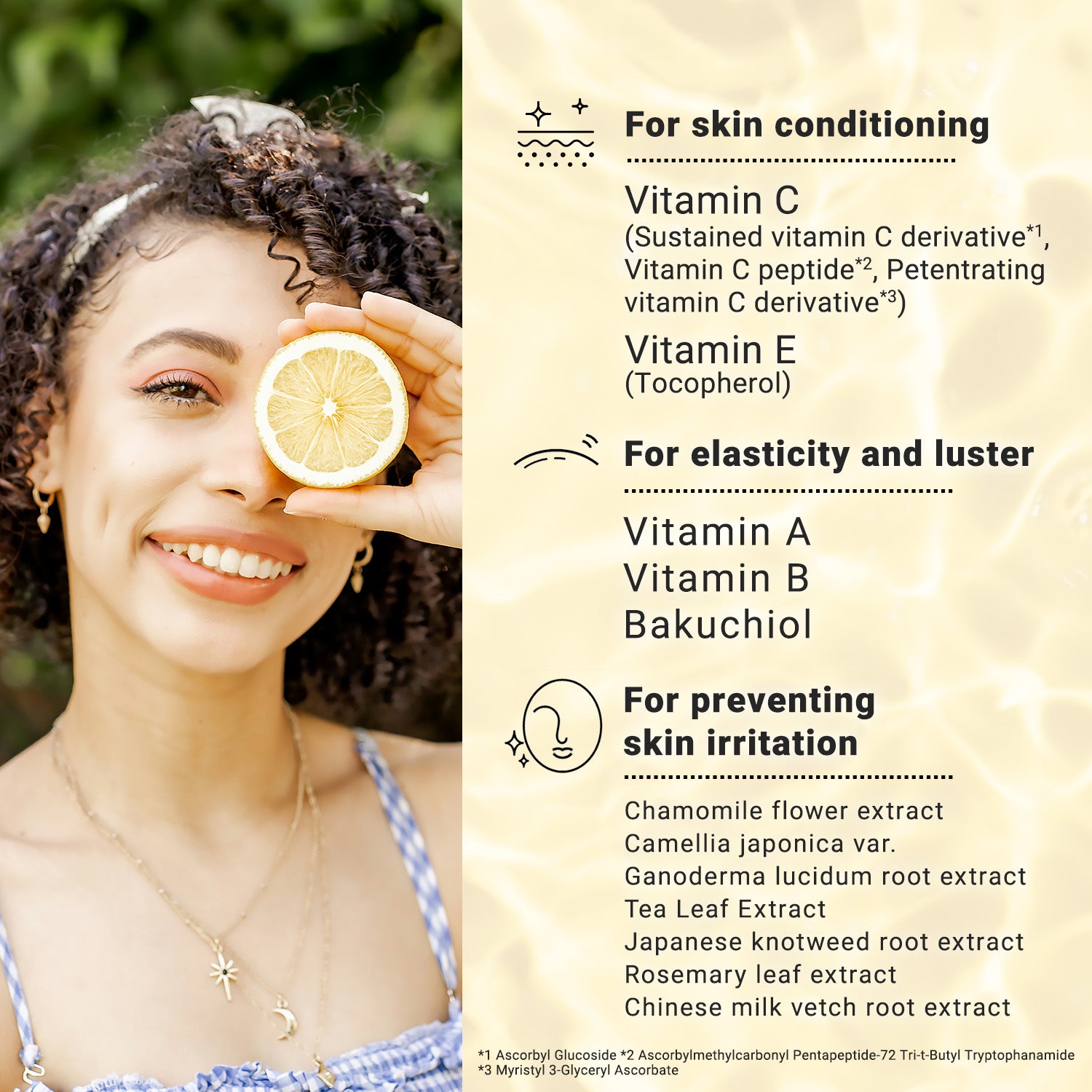 Woman holding a lemon slice next to a list of vitamins and extracts for skincare benefits.