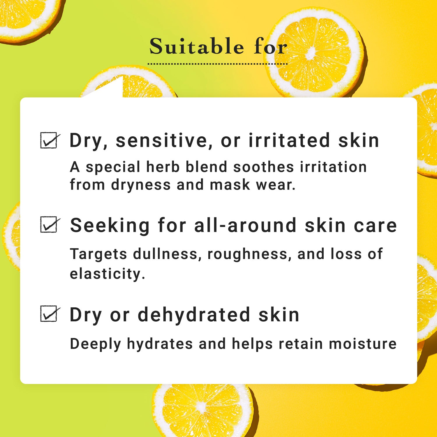 Product label suitable for dry, sensitive, or irritated skin with lemon slices on a yellow background
