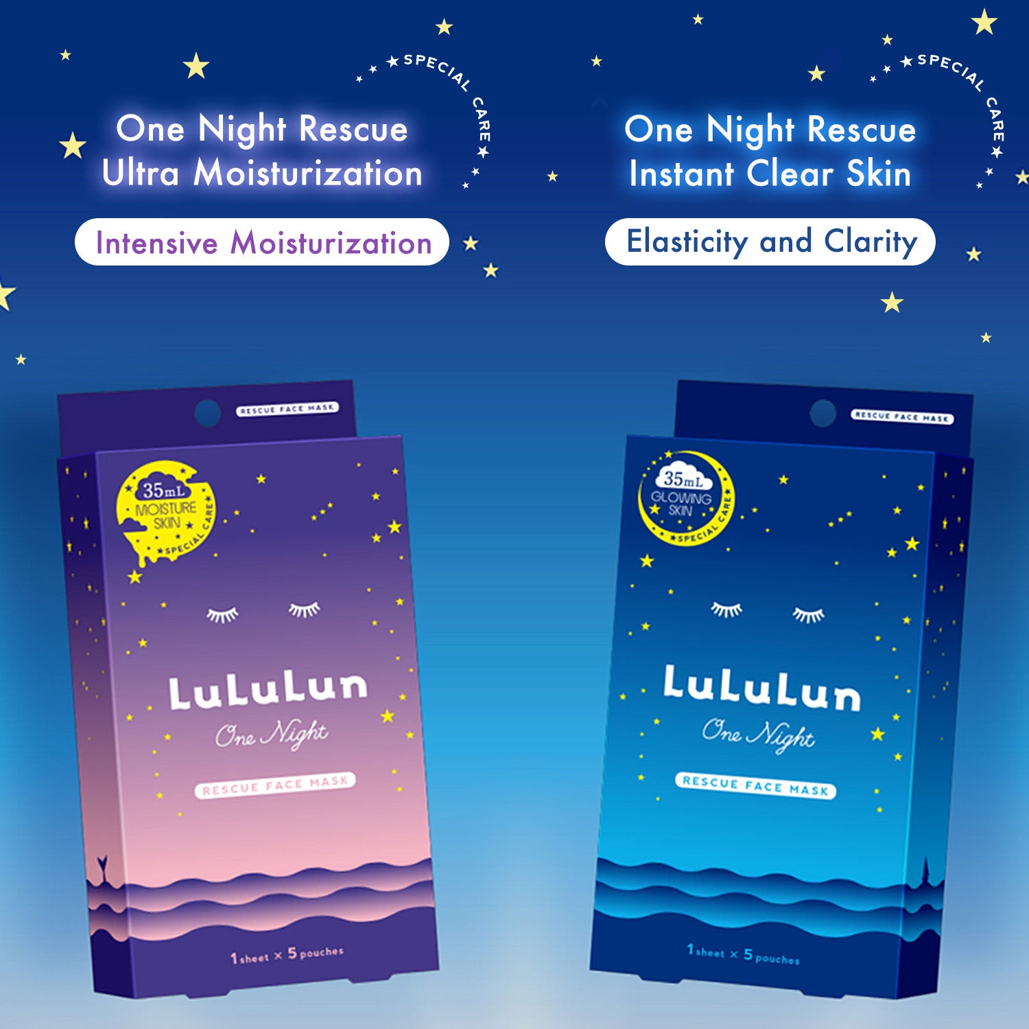 Two Lululun face mask packages on a blue background with text about product benefits.