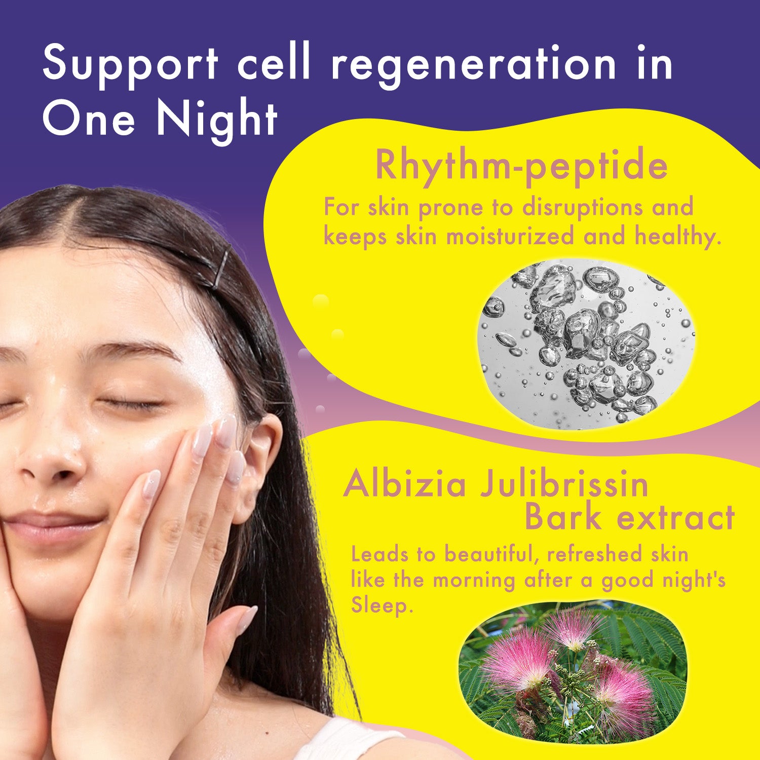 Skincare product with a woman applying cream, featuring Rhythm-peptide and Albizia Julibrissin Bark extract.