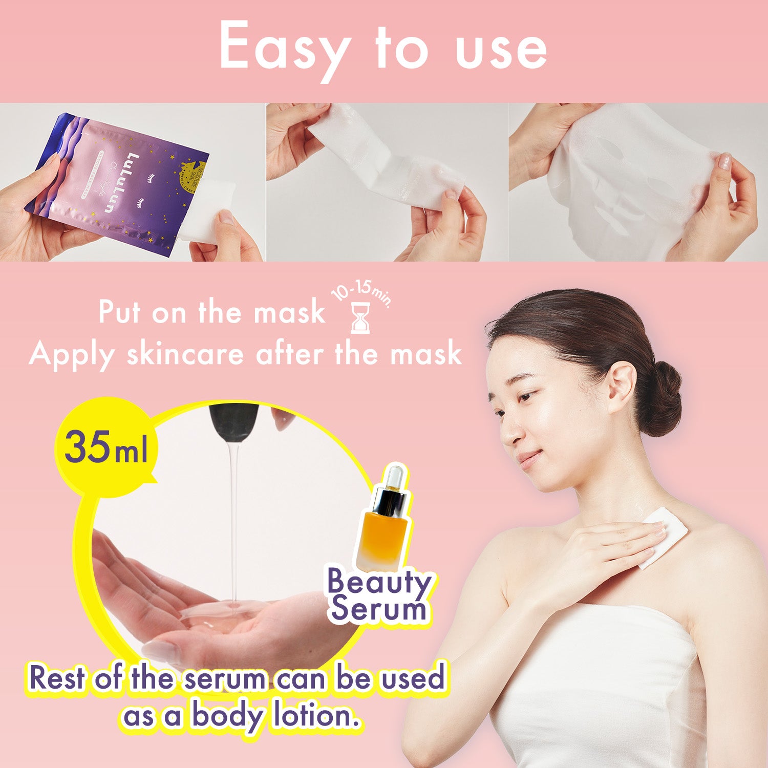 Instructions for using a skincare product with a woman applying a mask and serum.