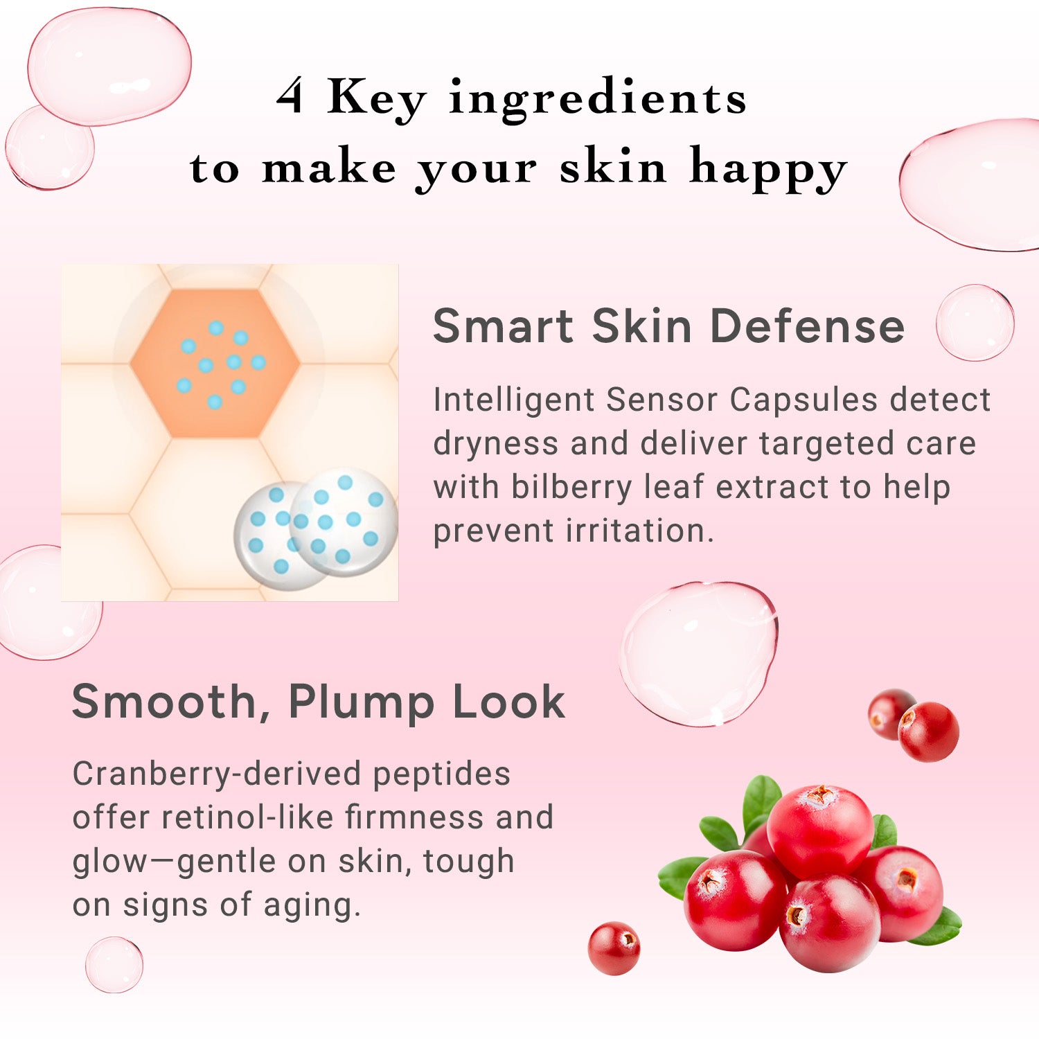Cosmetic product description with ingredients for skin care on a pink background