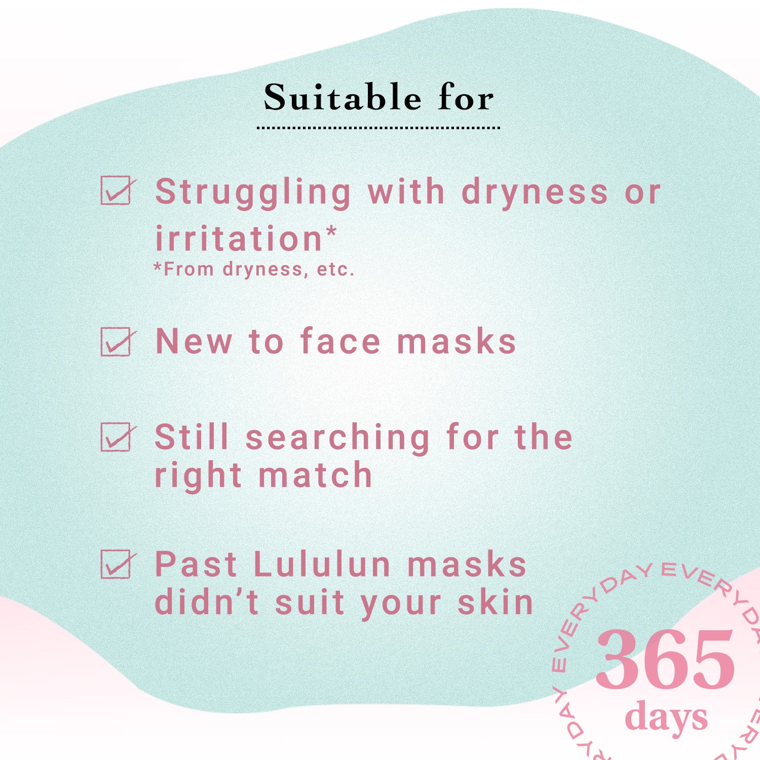 Text indicating suitability for dryness, irritation, new users of face masks, those still searching for the right mask, and those whose past Lululun masks didn't suit their skin.