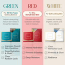 Color-coded skincare product recommendations for different skin types on a gradient background.