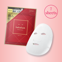 Lululan sheet mask packaging with a white mask on a pink background