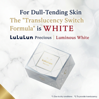 LuLulun Precious Luminous White packaging on a marble background with promotional text.