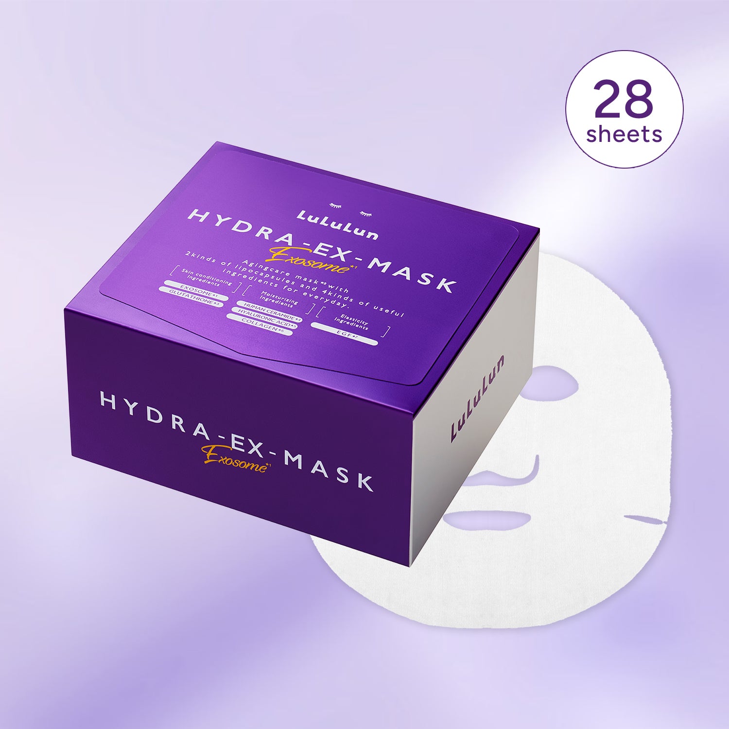 Lulutun Hydra-EX-Mask packaging with a single mask sheet on a purple background