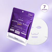 Purple package of Lululun Hydra-Ex-Mask with a white mask sheet on a purple background
