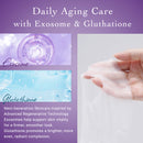 Advertisement for daily aging care with exosome and glutathione, featuring a hand applying cream.