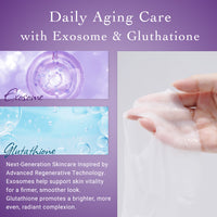 Advertisement for daily aging care with exosome and glutathione, featuring a hand applying cream.