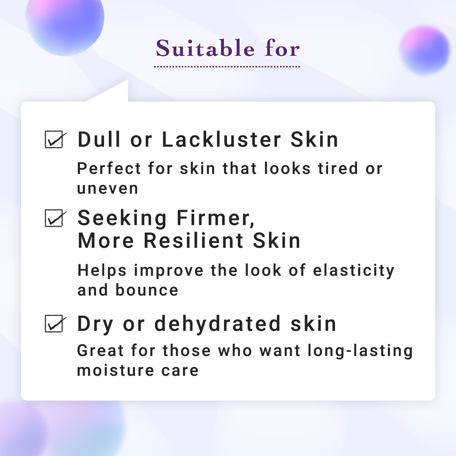 Text indicating skin types suitable for a skincare product on a light background