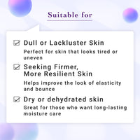 Text indicating skin types suitable for a skincare product on a light background