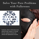 Advertisement for fullerene skincare product showing molecular structure and person wearing a black face mask.