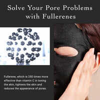 Advertisement for fullerene skincare product showing molecular structure and person wearing a black face mask.