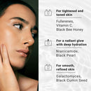 Woman's face with skincare benefits listed on the right
