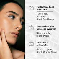 Woman's face with skincare benefits listed on the right