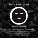 Black sheet mask with Bincho charcoal on a dark background