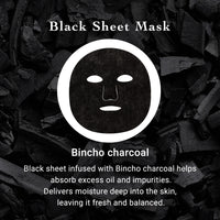 Black sheet mask with Bincho charcoal on a dark background