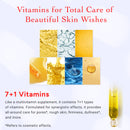 Advertisement for vitamins for skin care with text and images of droplets and water.