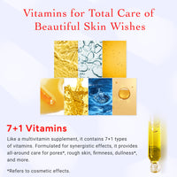 Advertisement for vitamins for skin care with text and images of droplets and water.