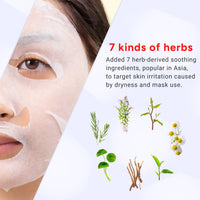 Woman wearing a face mask with herbs and text on a white background