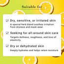 Product label suitable for dry, sensitive, or irritated skin with lemon slices on a yellow background