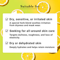 Product label suitable for dry, sensitive, or irritated skin with lemon slices on a yellow background
