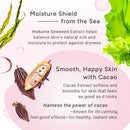 Product description with Wakame seaweed and cacao extract on a pink background