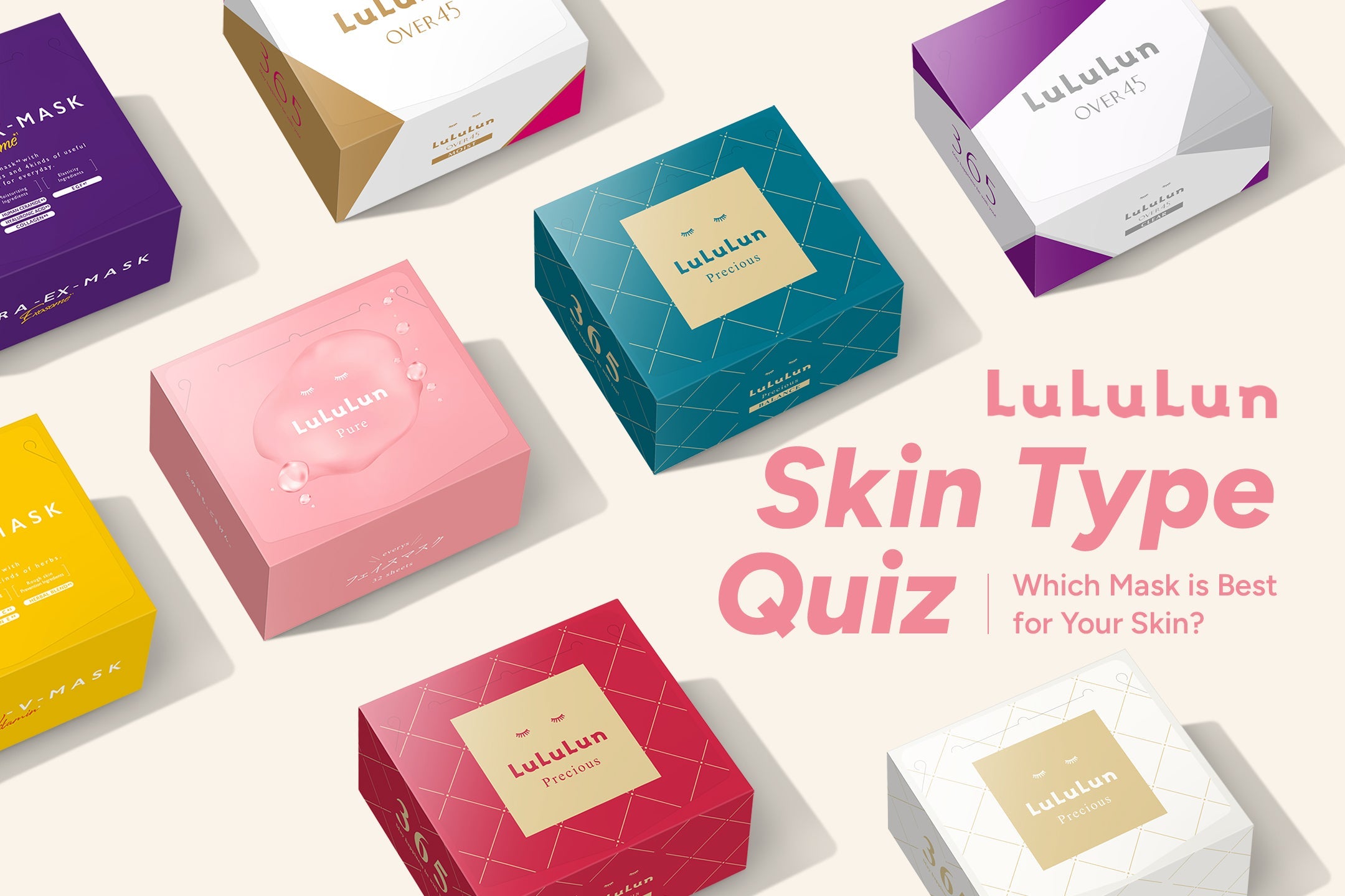 Colorful boxes of Lululun masks with a quiz question on a light background