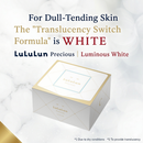 LuLulun Precious Luminous White packaging on a marble background with promotional text.