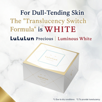 LuLulun Precious Luminous White packaging on a marble background with promotional text.