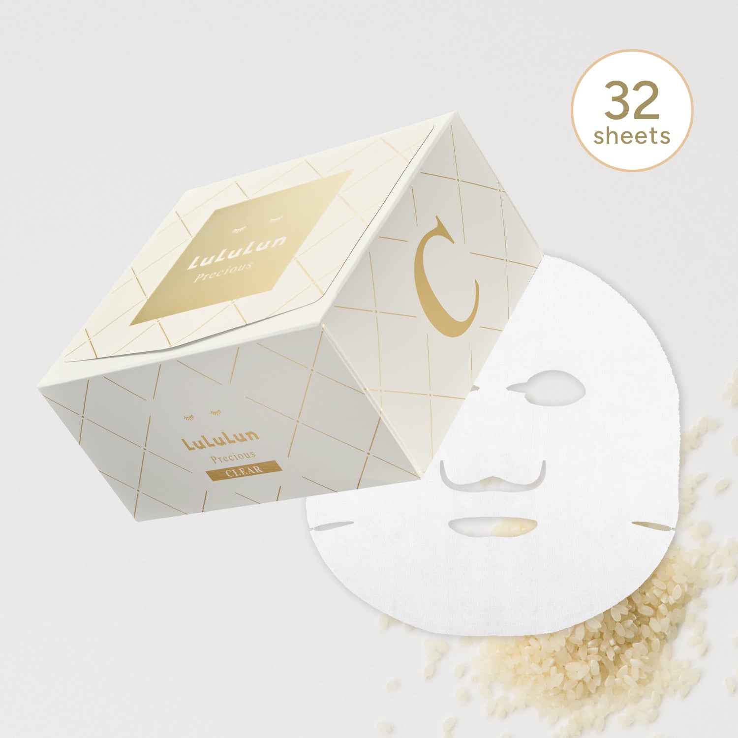 White face mask sheet with packaging and '32 sheets' text on a light gray background