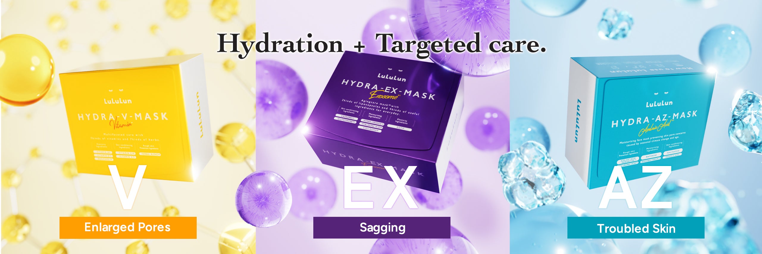 Three skincare masks with labels for different skin concerns on a colorful background.